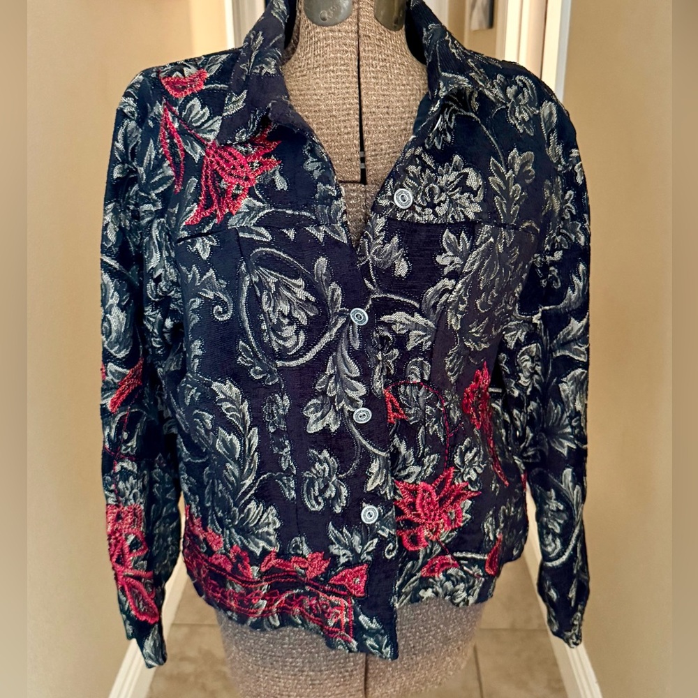 Chico's blazer jacket. Black with Red and Light Gray Floral Embroidery